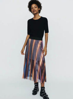 Fashion Rainbow Striped Pleated A Line Skirt