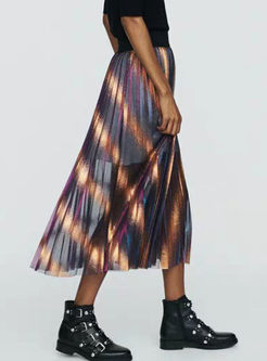 Fashion Rainbow Striped Pleated A Line Skirt