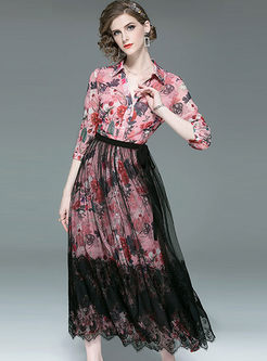 Lapel High Waist Print Dress With Mesh Slit Skirt