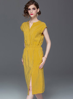 Pure Color V-neck Elastic Waist Slit Bodycon Dress
