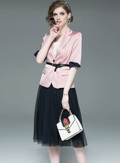 Chic Pink Striped Slim Coat & Mesh A Line Skirt
