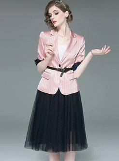 Chic Pink Striped Slim Coat & Mesh A Line Skirt