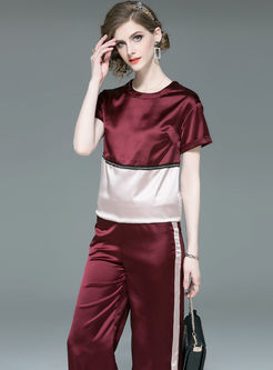 Casual Color-blocked O-neck Two Piece Outfits