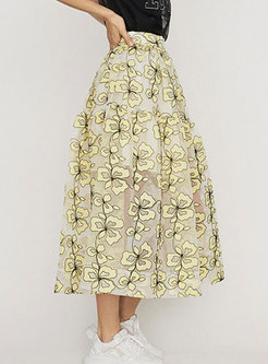 Chic Yellow Mesh Embroidered A Line Skirt