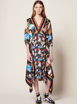Asymmetric V-neck Color-blocked Bohemia Maxi Dress