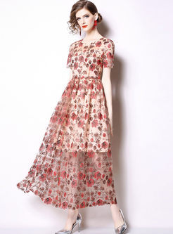 Stylish O-neck Short Sleeve Print Maxi Dress