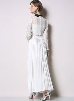 Lapel Long Sleeve Hollow Out Lace Maxi Dress