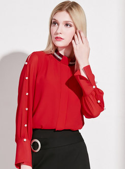 Beaded Stand Collar Red Chiffon Blouse