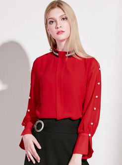 Beaded Stand Collar Red Chiffon Blouse