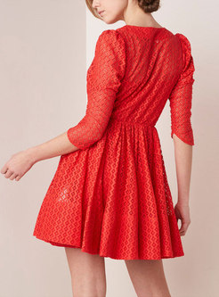 Stylish Red Lace Bubble Sleeve Skater Dress
