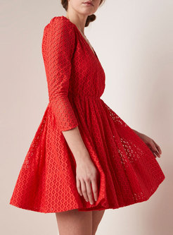 Stylish Red Lace Bubble Sleeve Skater Dress