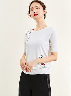 Casual O-neck Embroidered Knitted Top