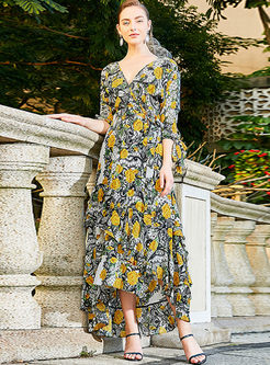 V-neck High Waist Slim Print Irregular Dress