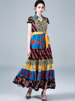 Color-blocked Leopard Lapel Print Maxi Dress