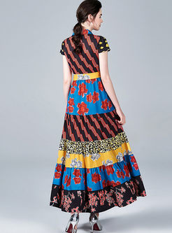 Color-blocked Leopard Lapel Print Maxi Dress