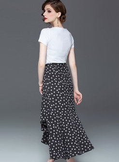 Casual O-neck T-shirt & Print Asymmetric Skirt