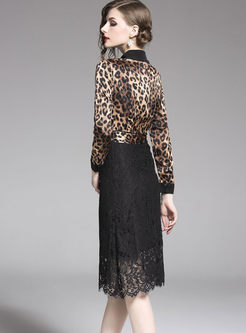Lapel Leopard Patchwork Lace Bodycon Dress