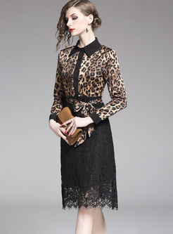 Lapel Leopard Patchwork Lace Bodycon Dress