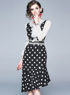 Polka Dot Flare Sleeve Asymmetric Bodycon Dress