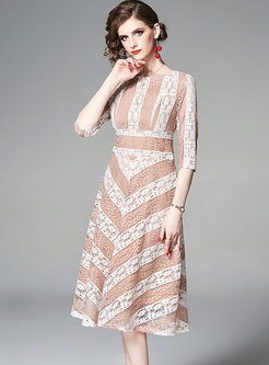 Fashion Three Quarters Sleeve Striped A Line Dress