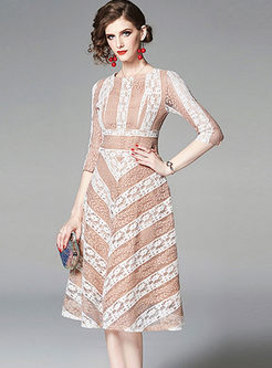 Fashion Three Quarters Sleeve Striped A Line Dress