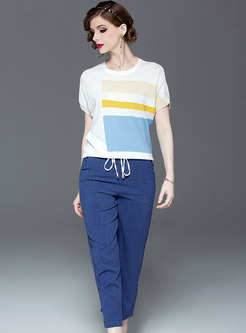 Color-blocked O-neck Top & Tie-waist Straight Pants