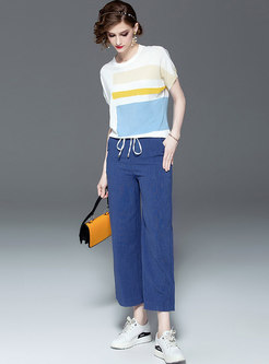 Color-blocked O-neck Top & Tie-waist Straight Pants