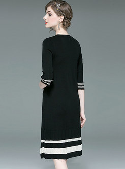 Color-blocked O-neck Half Sleeve Slim Knitted Dress