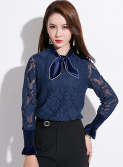 Solid Color Lace All-matched Hollow Out Blouse