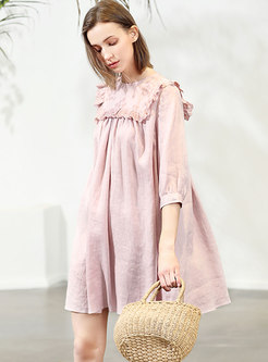 Embroidered Pure Color Linen Shift Dress