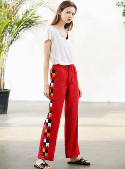 Ethnic Embroidered Splicing Linen High Waist Pants