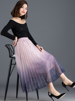 Chic Purple Gradient Mesh Pleated Skirt