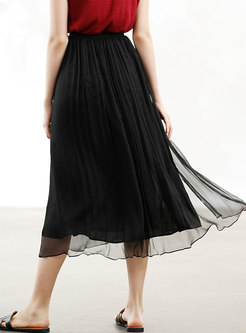 Casual Black Silk Elastic Waist Skirt