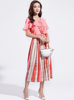 V-neck Falbala Pink Top & Striped Skirt