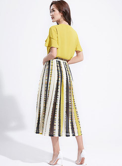 V-neck Falbala Yellow Top & Striped Skirt