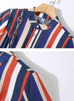 Striped Stand Collar Three Quarters Sleeve Skater Dress