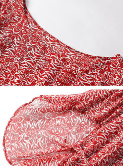 Print Bat Sleeve Tie-waist Slit Skater Dress
