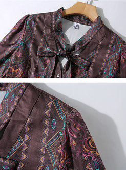 Vintage Print Tie-collar High Waisted Maxi Dress