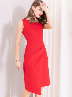 Elegant O-neck Drilling Sleeveless Asymmetric Sheath Dress