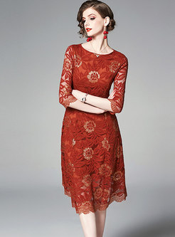 Chic Lace Embroidered O-neck Slim Midi Dress