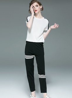 Casual Color-blocked O-neck Knitted Top & Straight Pants