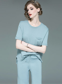 Solid Color O-neck Knitted Top & Tie-waist Straight Pants