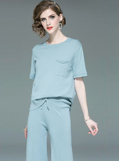 Solid Color O-neck Knitted Top & Tie-waist Straight Pants