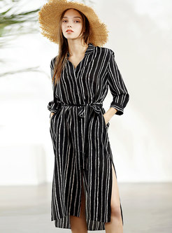 Loose Striped Belted Zip-up T-shirt Dress