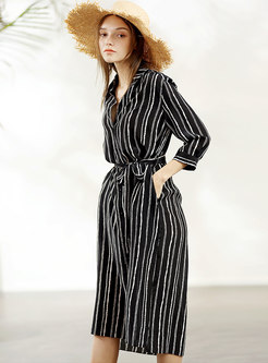 Loose Striped Belted Zip-up T-shirt Dress