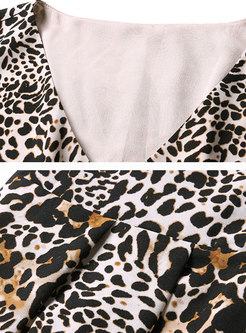 Leopard Splicing Striped V-neck A Line Dress