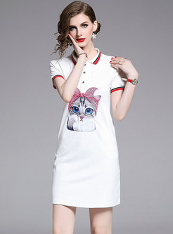 Brief Cartoon Cat Pattern T-shirt Dress