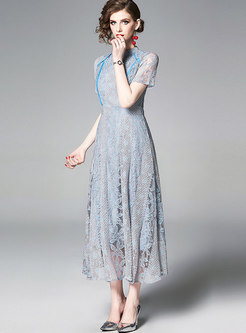 Stand Collar Hollow Out Slim Lace Maxi Dress
