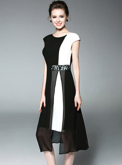 Color-blocked Sleeveless Belted Slim Midi Dress