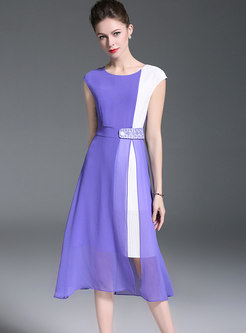Elegant Color-blocked O-neck Belted A Line Dress